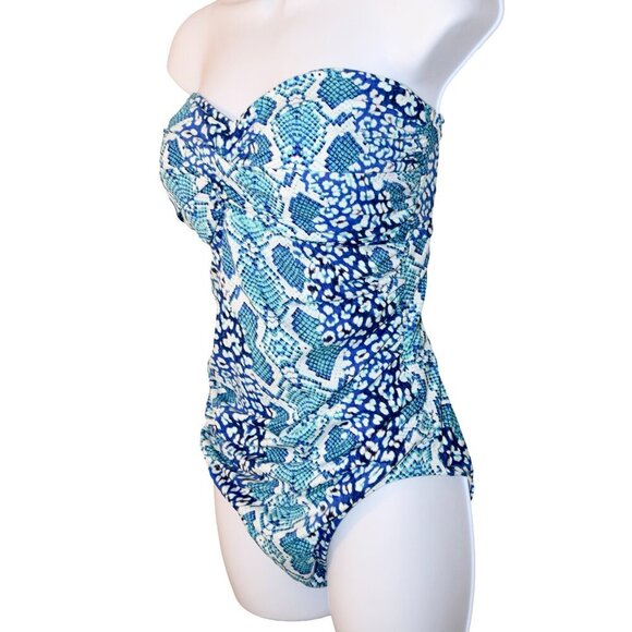 La Blanca Blue Green Snakeskin Strapless Swimsuit Size 12 Ruched One Piece Retro - Picture 1 of 5